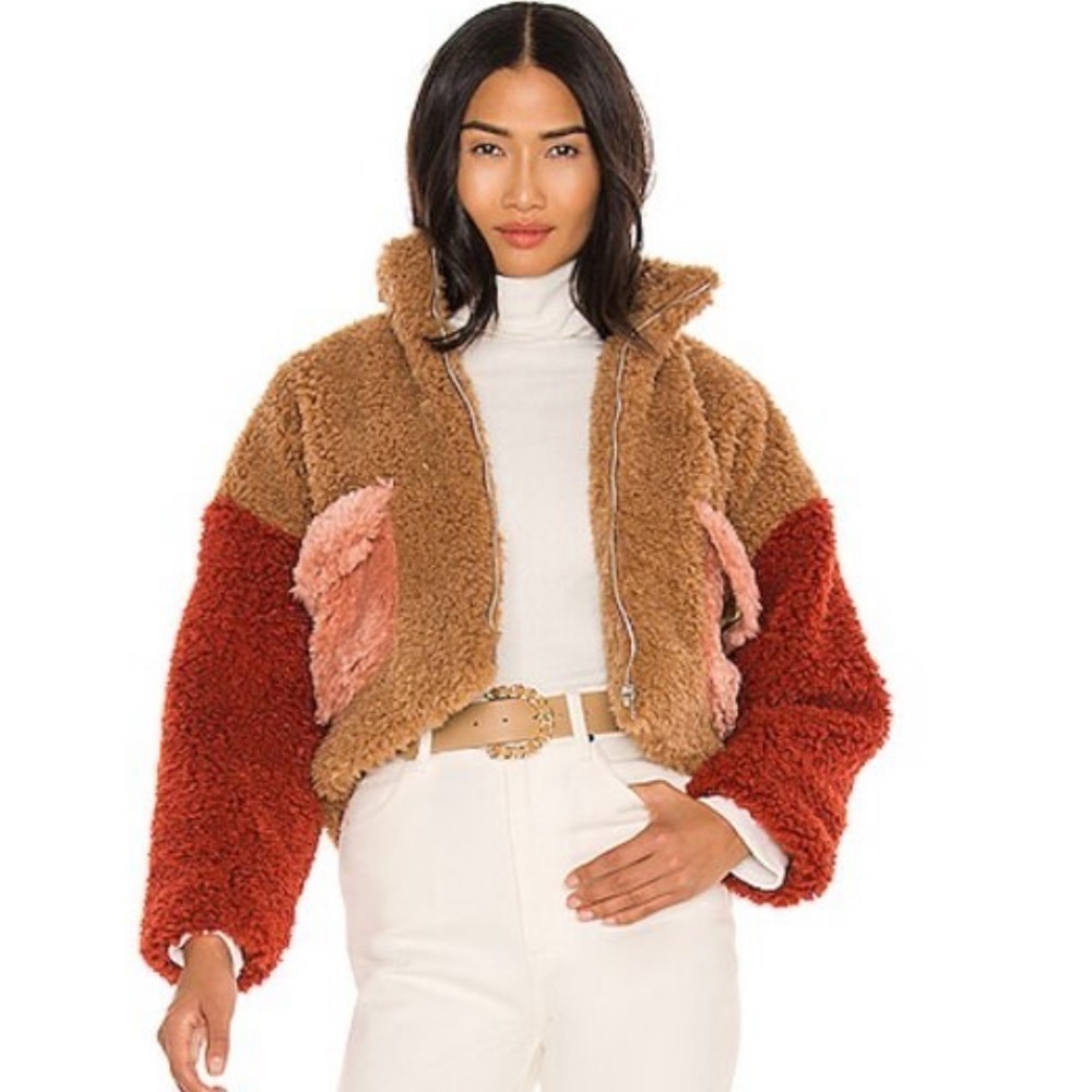 NEW Kendall + Kylie Revolve Sherpa Front Zipped Utility Jacket Caramel - Picture 2 of 7